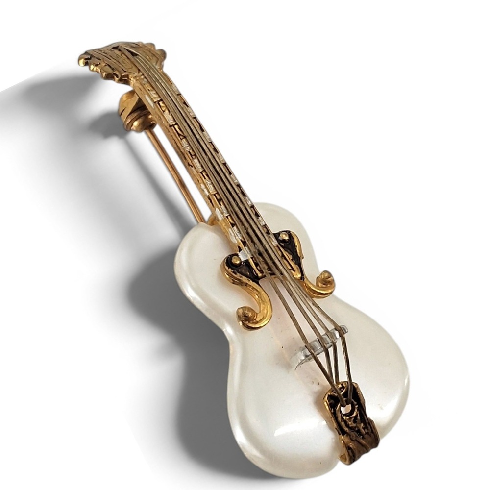 Vintage Damascene Mother of Pearl Guitar Brooch Gold Black‎ Spain Pin 2"
